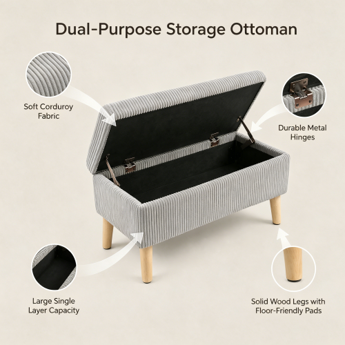 32 inch Beige Corduroy Storage Ottoman Bench with Flip Top