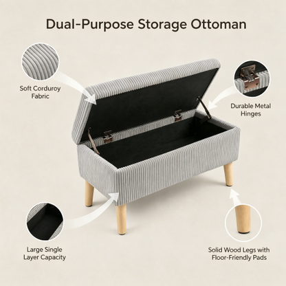 32 inch Beige Corduroy Storage Ottoman Bench with Flip Top
