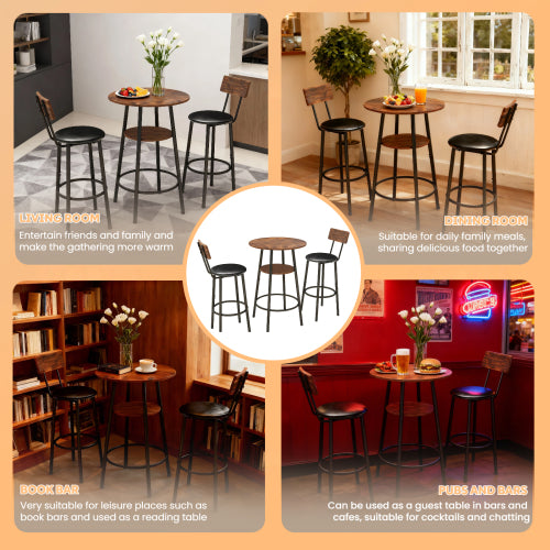 3 Pieces Round Bar Table and Chairs Set, Small Dining Table for 2 with 2-Tier Storage & 2 PU Upholstered Bar Stools for Kitchen, Dining Room, Living Room, Bar, Cafe, Small Space Corner, Rustic Brown