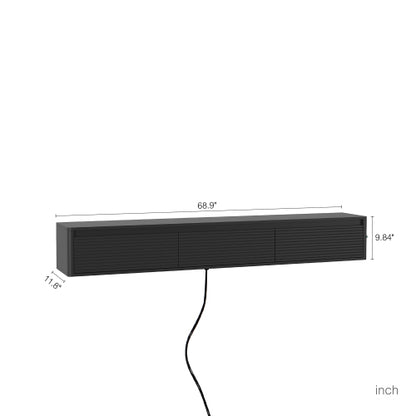 Fluted Wall Mount Floating TV Stand with LED Lights & Built-in Power Outlet for Living Room