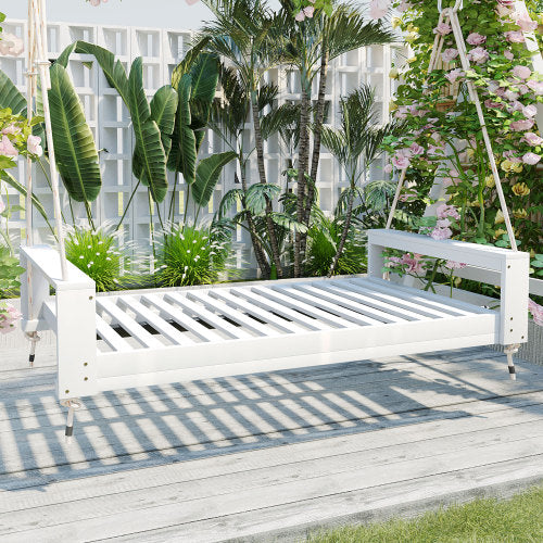 Twin Size Porch Swing Bed Seating Group, Patio Acacia Wood Swing Frame with Hemp Ropes for Garden, Backyard, White