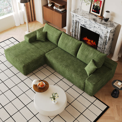 107 inch  Green Plush Corduroy L-Shape Cloud Modular Sectional Sofa, No Assembly