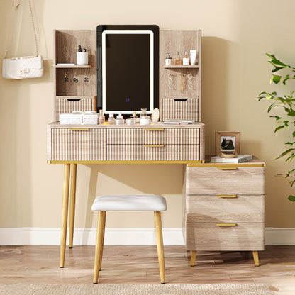 7-Drawer White Vanity Desk with LED Mirror & Carved Details, Fluted Makeup Table, Metal Legs, PU Stool & Jewelry Storage