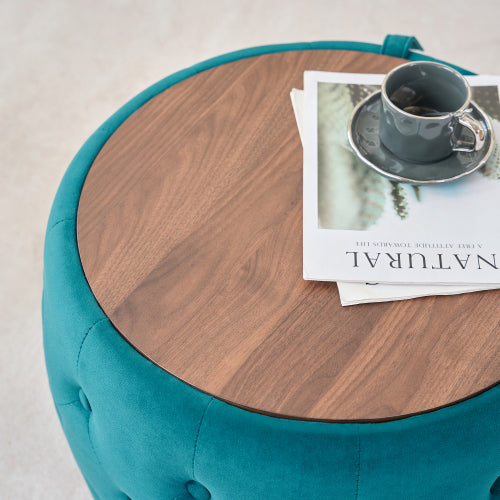 Blue 2-Piece Velvet Nesting Storage Ottoman Set, 4-in-1 Round Foot Stool with Wooden Tray, Ready to Use