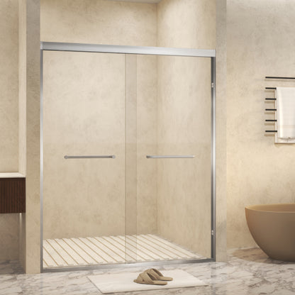 44-48" x 72" Tempered Glass with Explosion Proof Film, Aluminum Frame Double Sliding Shower Door, "1/4 (6 mm), Stainless Steel handle,Brushed Nickel