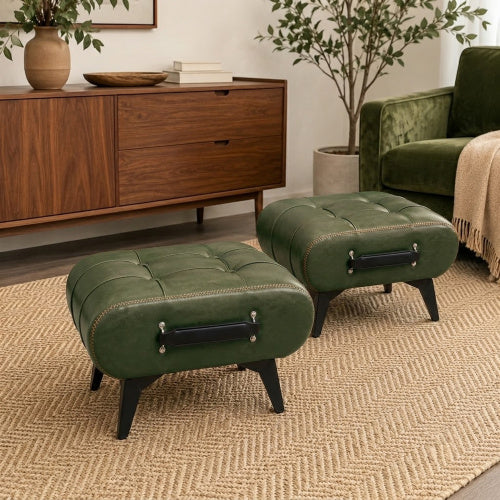 Tufted Faux Leather Rectangular Storage Ottoman with Handle, Metal Leg Multiuse Foot Stool for Entryway Apartment