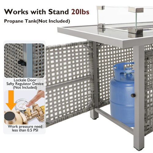 43 Propane Gas Fire Pit Table, 60000 BTU Rectangular Open Weave Wicker Fire Pit with Glass Wind Guard for Outside Patio Deck Garden Backyard