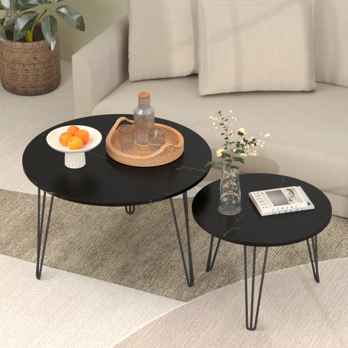 2-Piece Round Nesting Coffee Table, Faux Marble Top & Black Metal Base