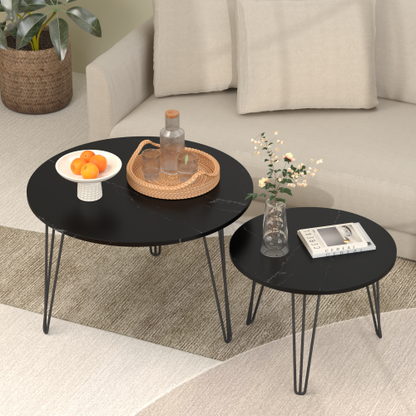 2-Piece Round Nesting Coffee Table, Faux Marble Top & Black Metal Base