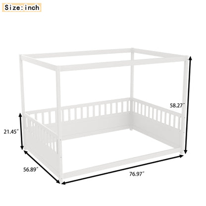 Full Size Canopy Bed Frame with Guardrails for Kids,Floor Bed Full with Four Poster Design,Kids Montessori Floor Bed,Wood Canopy Bed Frame for Girls,Boys(Full,White)