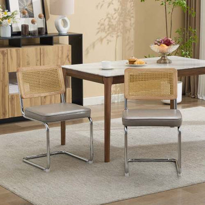 Set of 2 Mid-Century Cane Rattan Dining Chairs, Solid Wood Frame, Olive Faux Leather Seat, Cantilever Chrome Metal Base