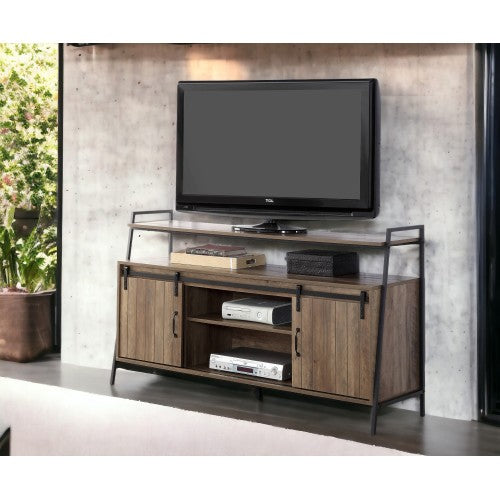 Rustic Oak & Black 60 Inch TV Stand with Sliding Barn Door for 58 Inch TV