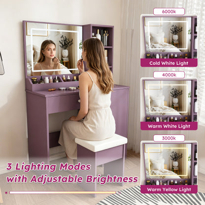 Purple Modern Vanity Desk Set, Dimmable 3?Color LED Mirror, MDF Build, Padded Stool for Bedroom Apartment