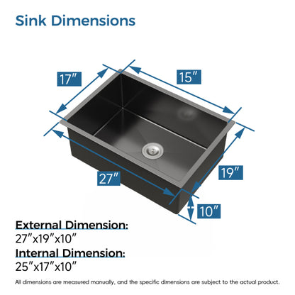 Stainless Steel Kitchen Sink, 27″x19″ Single Bowl, Undermount Handmade Sink in Black, with US Standard Drain and Hook