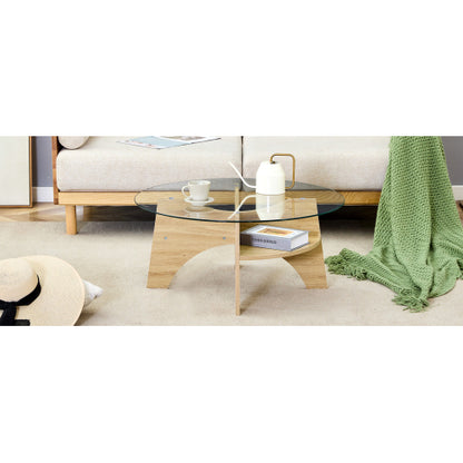 31.5 Inch Round Tempered Glass Coffee Table, Fan-Shaped Wood Grain Pedestal Table for Living Room & Office