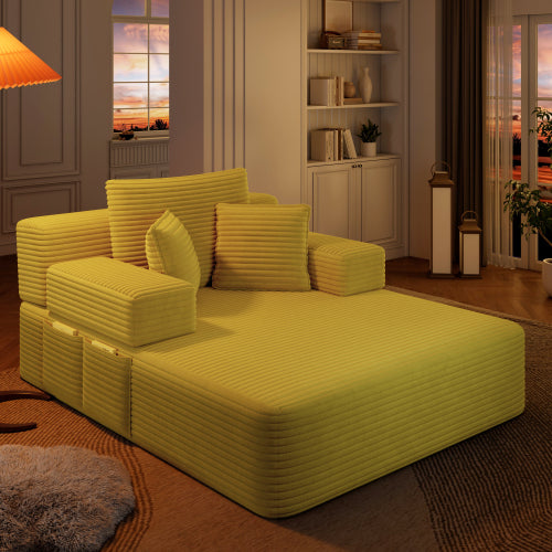 Oversized Yellow Corduroy Convertible Sofa Bed w/Storage Pockets