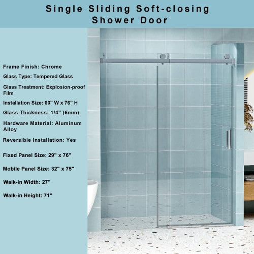 56" - 60" W x 76" H Frameless Soft-closing Single Sliding Shower Door, 1/4" (6mm) Tempered Glass with Explosion-proof Coating via Express Delivery, Chrome 24D01-60CHX