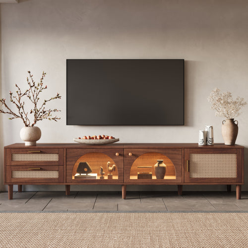 86.6 inch Dark Brown App Controlled LED Rattan TV Stand Glass Cabinets Fits Up To 90 inch TV