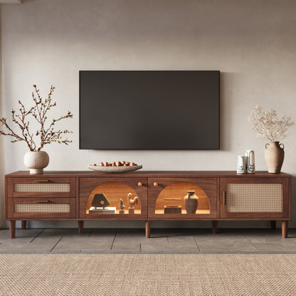 86.6 inch Dark Brown App Controlled LED Rattan TV Stand Glass Cabinets Fits Up To 90 inch TV