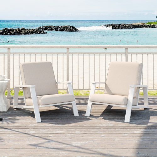 Patio Lounge Chair Set of 2, Outdoor Club Chair with Beige Cushion and White Acacia Wood Frame