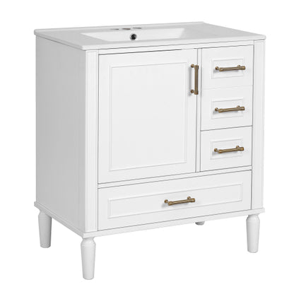 30" Bathroom Vanity with Ceramic Sink, Soft-Close Door with Built-in Shelf, Deep Drawer, Standard Drawer, Long Divider Drawer, Ample Storage Cabinet for Bathroom, Modern & Functional Design