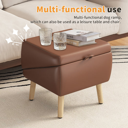 Brown Upgraded 2-in-1 Foldable Wooden Pet Ottoman Dog Ramp, Split Design Pet Steps for Small Dogs & Cats