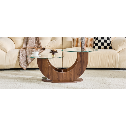 23.6inch  2-Tier U-Shaped Glass Coffee Table, Walnut MDF Base, Adjustable Height