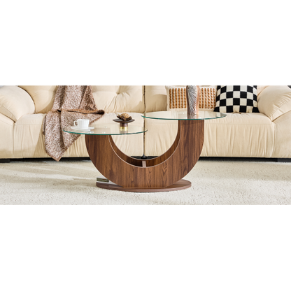 23.6inch  2-Tier U-Shaped Glass Coffee Table, Walnut MDF Base, Adjustable Height
