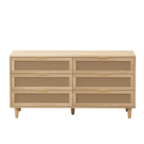 Natural Tone 6-Drawer Rattan Storage Cabinet Anti-Tipping Design Household Bedroom Living Room Multi-Functional Drawer Chest
