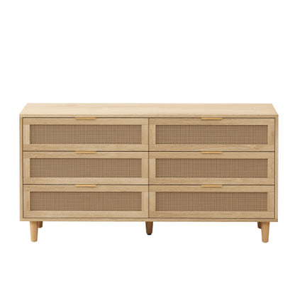 Natural Tone 6-Drawer Rattan Storage Cabinet Anti-Tipping Design Household Bedroom Living Room Multi-Functional Drawer Chest
