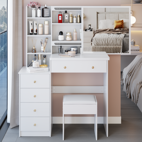 37inch  Middle Size Left Bedside Cabinet Vanity Table + Cushioned Stool, Extra Large Right sliding mirror, Multi Layer High Capacity Storage, Practical Fashionable Dresser, Suitable For Large Space