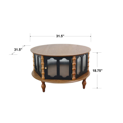 31.5inch  Round Wooden Coffee Table with Glass Doors, Walnut & Black