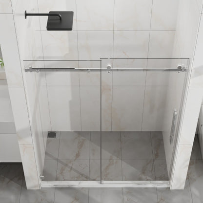 Goodyo Frameless Shower Door, 60" W x 72" H Silent Sleek Sliding Glass Door, 1/4" (6mm) Thick Tempered Clear Glass with Easy-clean Coating, Heavy-Duty 304 Stainless Steel, Chrome