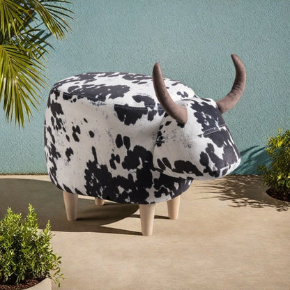 Black & White Cow Shaped Animal Ottoman, Fabric Footstool with Velvet Horns & Natural Birch Legs for Indoor & Outdoor Decor