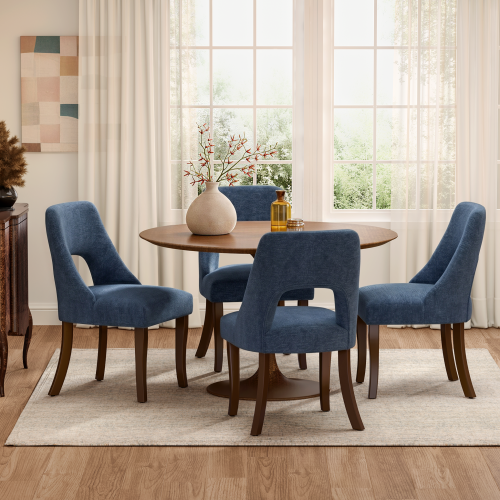 Set of 2 Navy Tufted Chenille Dining Chairs, Curved Rubberwood Legs 300lbs Capacity Space Saving Compact Design
