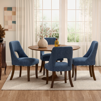 Set of 2 Navy Tufted Chenille Dining Chairs, Curved Rubberwood Legs 300lbs Capacity Space Saving Compact Design