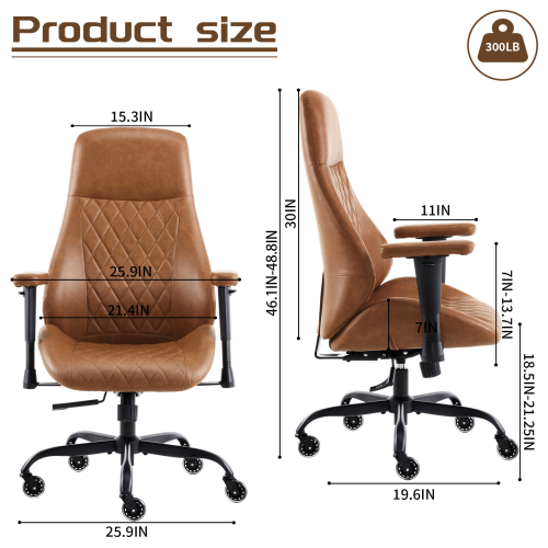 Home Office Desk Chair High Back Office Rubber Casters Ergonomic Computer Chair with Lumbar Support Adjustable Height Rolling Swivel Chair Executive Task Armrests, Brown Leather