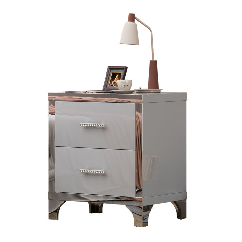 High Gloss Mirrored Nightstand with 2 Drawers,Modern End Table with Drawers,Mirrored High Gloss Wood Nightstand Metal Handle Bedside End Table for Bedroom, Dorm,Living Room,Grey