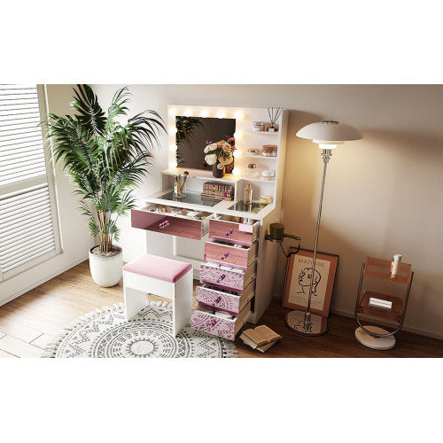Vanity Desk with Glass Top and 11 Hollywood Bulbs, 3 Color Lighting Modes, Makeup Vanity with Pink Finish Drawers & Shelves, White Vanity Table with Stool for Bedroom