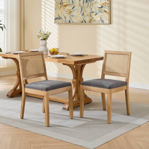 Set of 2 Gray Farmhouse Cane Rattan Dining Chairs, Solid Hardwood Frame Linen Upholstered Side Chairs 300 LBS Capacity