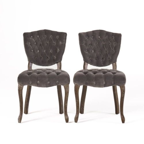 Tufted Velvet-Look Dining Chairs with Carved Wood Legs, Set of 2, Charcoal