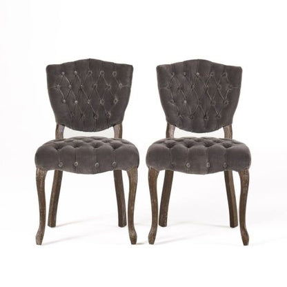 Tufted Velvet-Look Dining Chairs with Carved Wood Legs, Set of 2, Charcoal