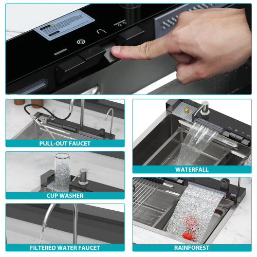 30" Kitchen Sink Waterfall Sink - 30 x 19 x 9 inch Multifunction Single Bowl 16 Gauge Stainless Steel Ledge Workstation Smart Top Mount Kitchen Sinks