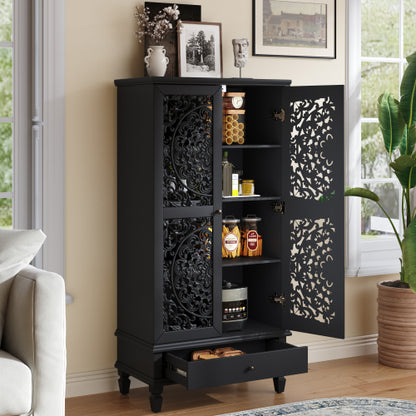 55 Inch Rustic Storage Cabinet with Drawer Carved Doors Black Accent Cabinet