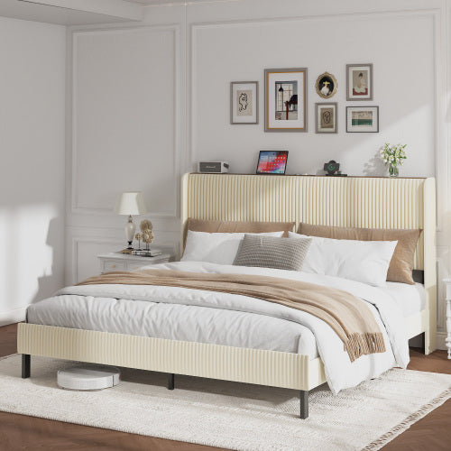 King Size Platform Bed , Metal Bed Frame with Charging Station, No Box Spring Needed, (Beige), Noise Free,Easy Assemble.