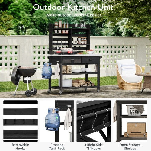 K&K 64.9"H Outdoor Potting Bench Table with Lockable Wheels, Solid Wood Outdoor Kitchen Island with Upper Hutch, Stainless Steel Top, Towel Rack ,Outdoor Storage for Grilling, Lawn Garden -Black