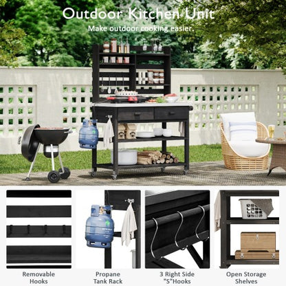 K&K 64.9"H Outdoor Potting Bench Table with Lockable Wheels, Solid Wood Outdoor Kitchen Island with Upper Hutch, Stainless Steel Top, Towel Rack ,Outdoor Storage for Grilling, Lawn Garden -Black