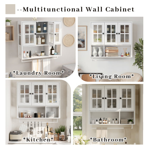 Bathroom Wall Cabinet, 3-Door Wooden Wall Cabinet with Open and Hidden Storage Space, Medicine Cabinet with Glass Door and Towel Bar for Entryway Living Room Bathroom Dining Room,White
