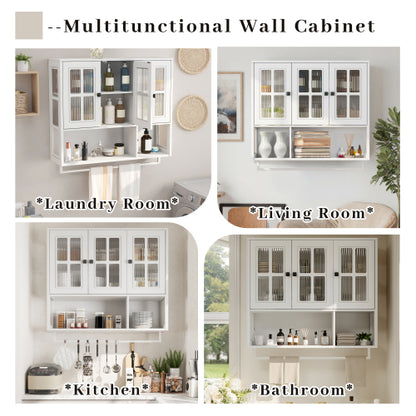 Bathroom Wall Cabinet, 3-Door Wooden Wall Cabinet with Open and Hidden Storage Space, Medicine Cabinet with Glass Door and Towel Bar for Entryway Living Room Bathroom Dining Room,White