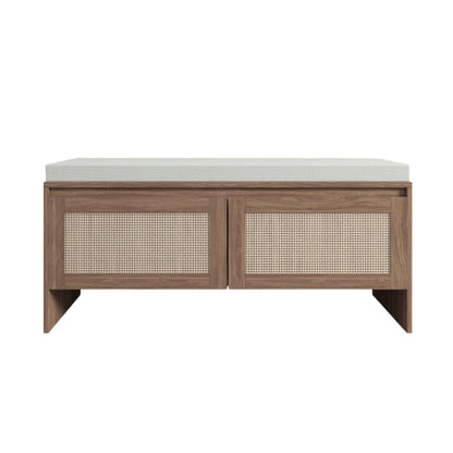 PP Rattan Storage Bench with Cushion, Faux Rattan Shoe Cabinet with 2 Doors, Mid-Century Modern Wood Entryway Seat, for Bedroom, Hallway, Mudroom, Natural Finish